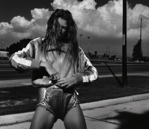 Model with wet hair wearing a striped zip jacket and lace-up shorts outdoors near a roadside under a cloudy sky.