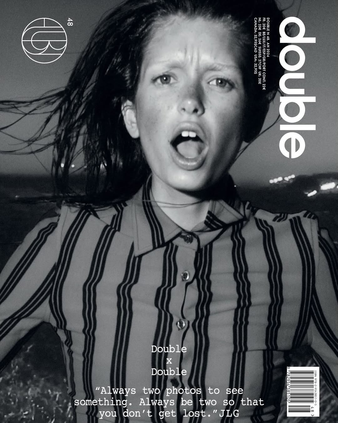 Magazine cover of a young adult with open mouth and striped shirt against blurred city lights background, portrait orientation.