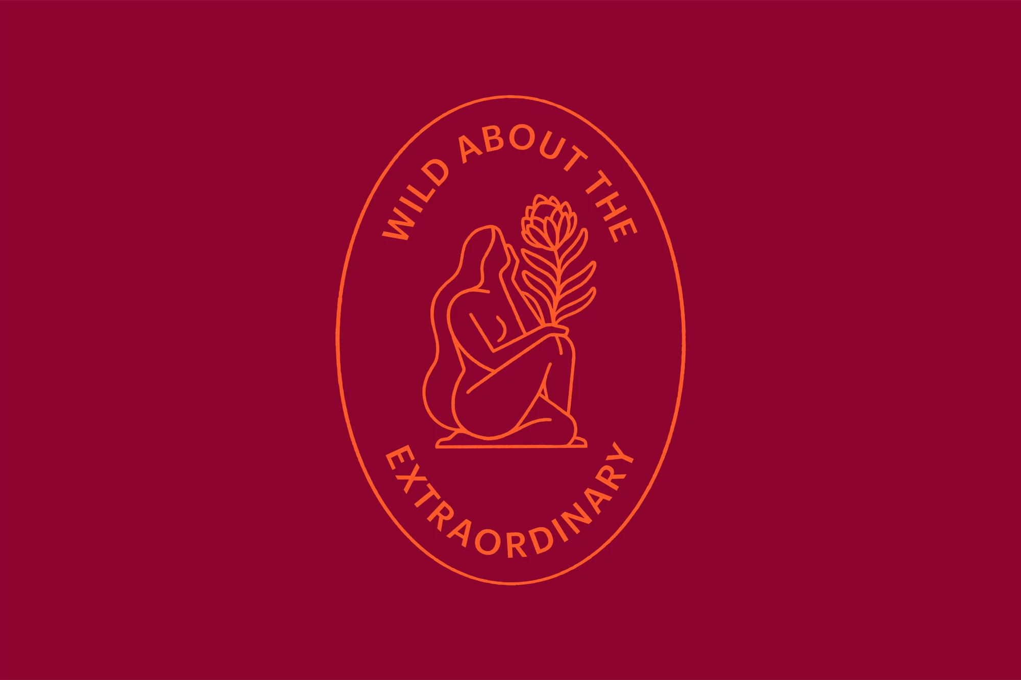 Illustration of a nude woman sitting and holding a plant inside an oval frame with 'Wild about the extraordinary' text on a red background.