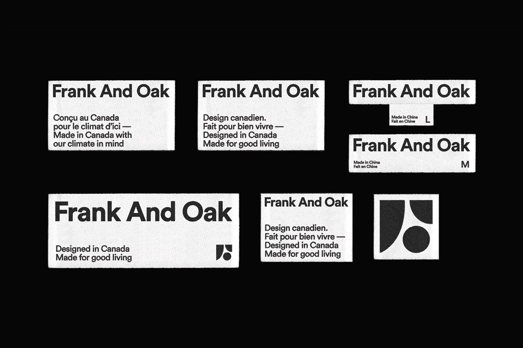 Collection of Frank And Oak brand labels in black and white, featuring the brand name, country of origin (Canada/China), and design statements.
