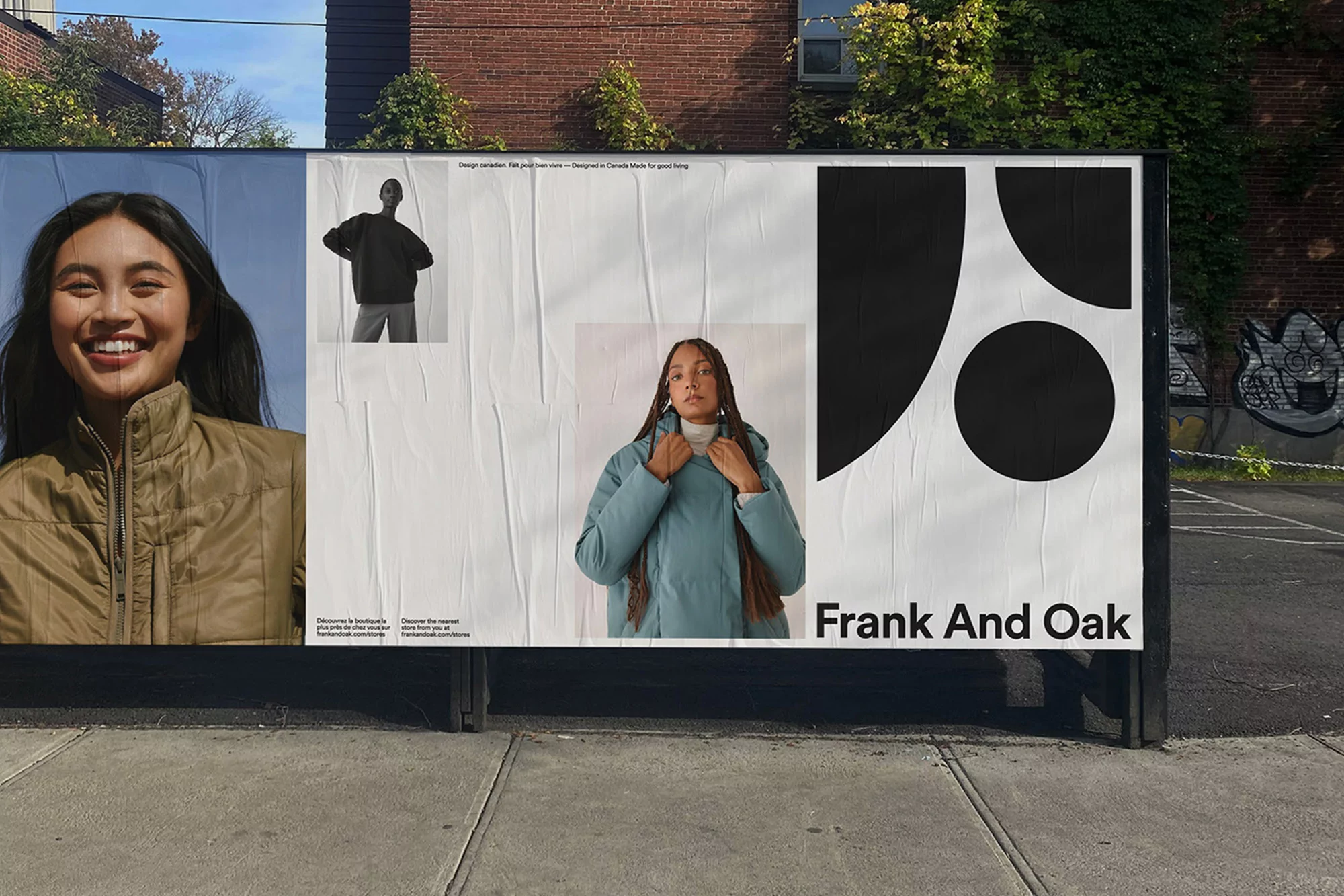 Outdoor advertising billboard featuring smiling woman in tan coat, woman in blue coat, and Frank and Oak logo in an urban setting.