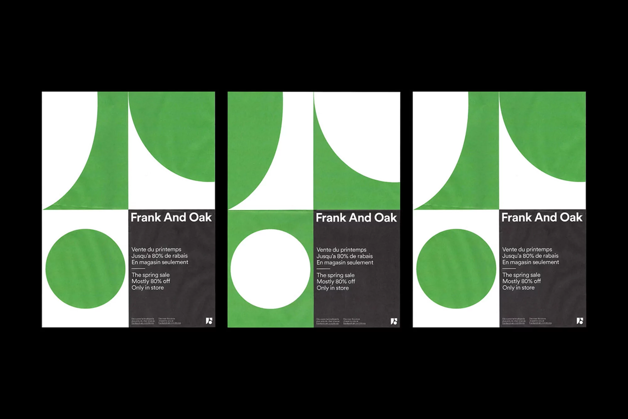 Three Frank And Oak posters with green and white geometric designs and black text, advertising a spring sale of up to 80% off in store.