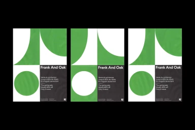 Three vertical posters featuring green and white geometric shapes and black text panels for Frank And Oak spring sale.