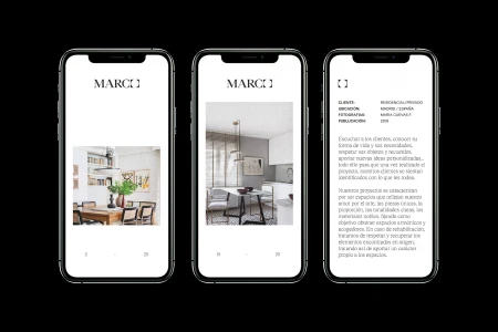 Three smartphone mockups displaying a minimalist website design for Eva Marco Estudio against a solid black background.