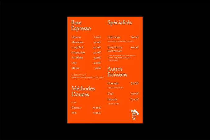 Menu board featuring an orange background and white text listing various coffee and drink options with prices in euros.