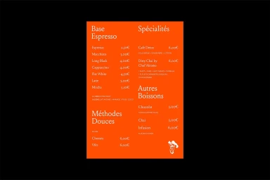 Bright orange cafe menu with white typographic pricing lists set against a dark background