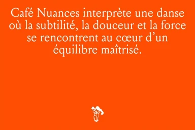 Orange graphic design poster for Cafe Nuances featuring white French typography and a small minimalist dancing figure illustration