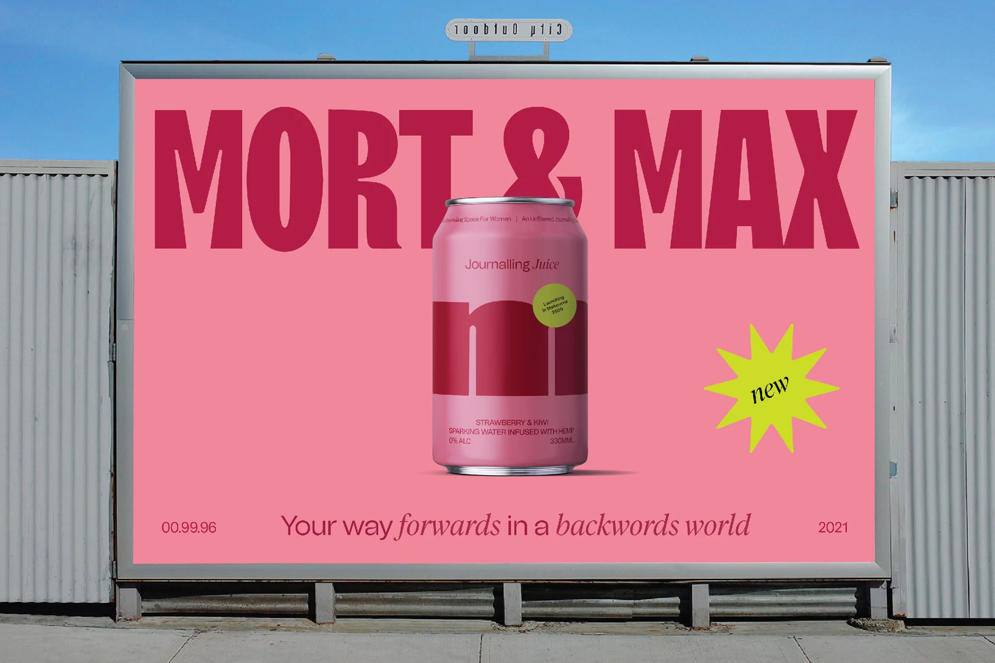 Outdoor advertising billboard features a can of juice in pink and magenta with the text 'Mort & Max' and 'Journaling Juice.'