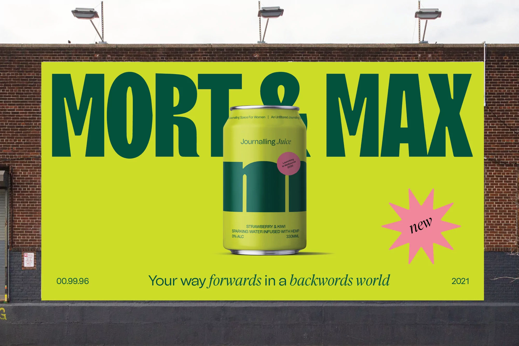 Outdoor billboard featuring an ad for Journalling Juice, a strawberry and kiwi sparkling water infused with hemp, in green and yellow colors.