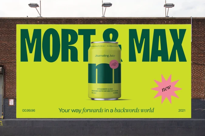 Outdoor billboard featuring an ad for Journalling Juice, a strawberry and kiwi sparkling water infused with hemp, in green and yellow colors.