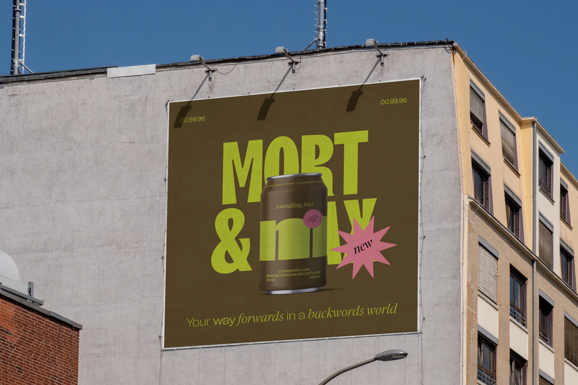 Billboard advertisement for Mort & Mlx beverage on the side of a building featuring a green and brown color scheme under a blue sky.