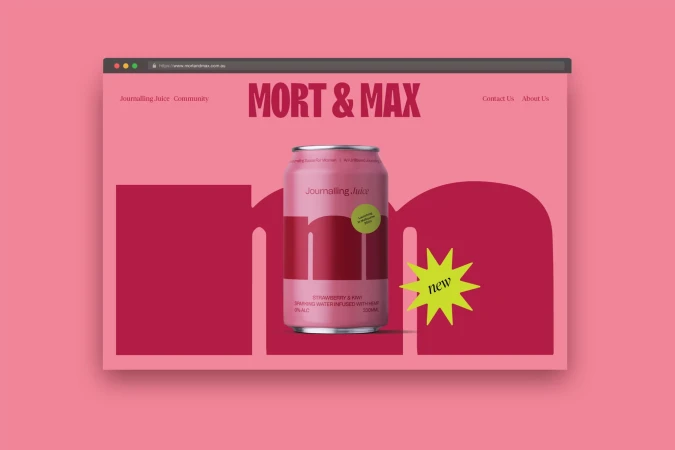 Product advertisement for Mort & Max Journalling Juice in a website format on a pink background, featuring Strawberry & Kiwi flavor.