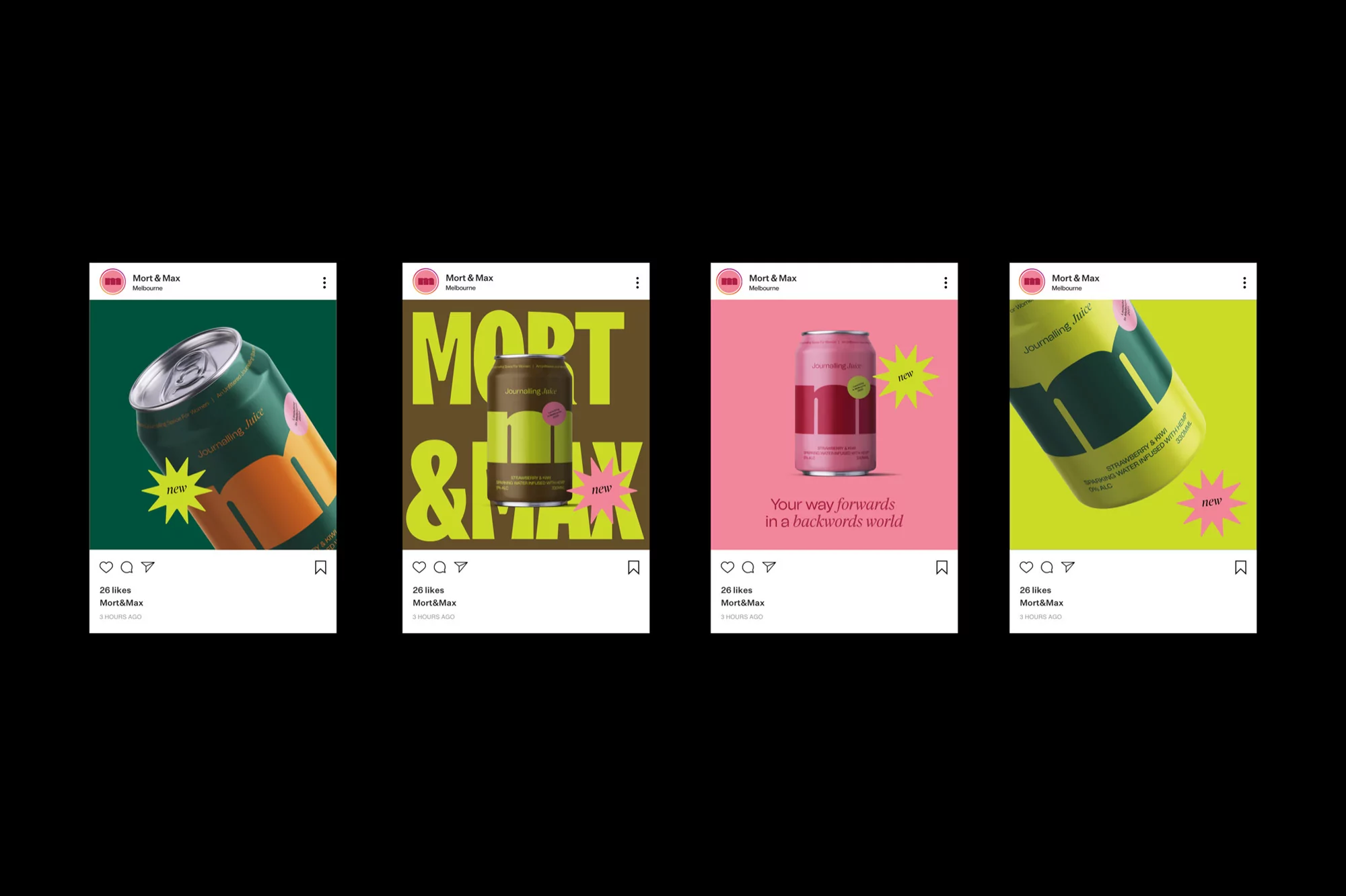 Four product ads showcasing a beverage can in different colors and designs, each against a vibrant background with bold typography.