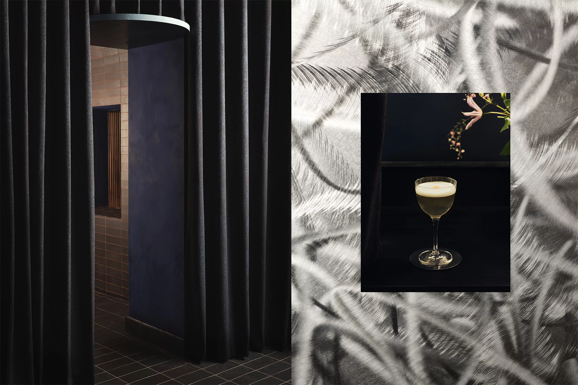 Moody still life featuring a cocktail in a coupe glass, set against a background of textured wallpaper and a dark curtained doorway.