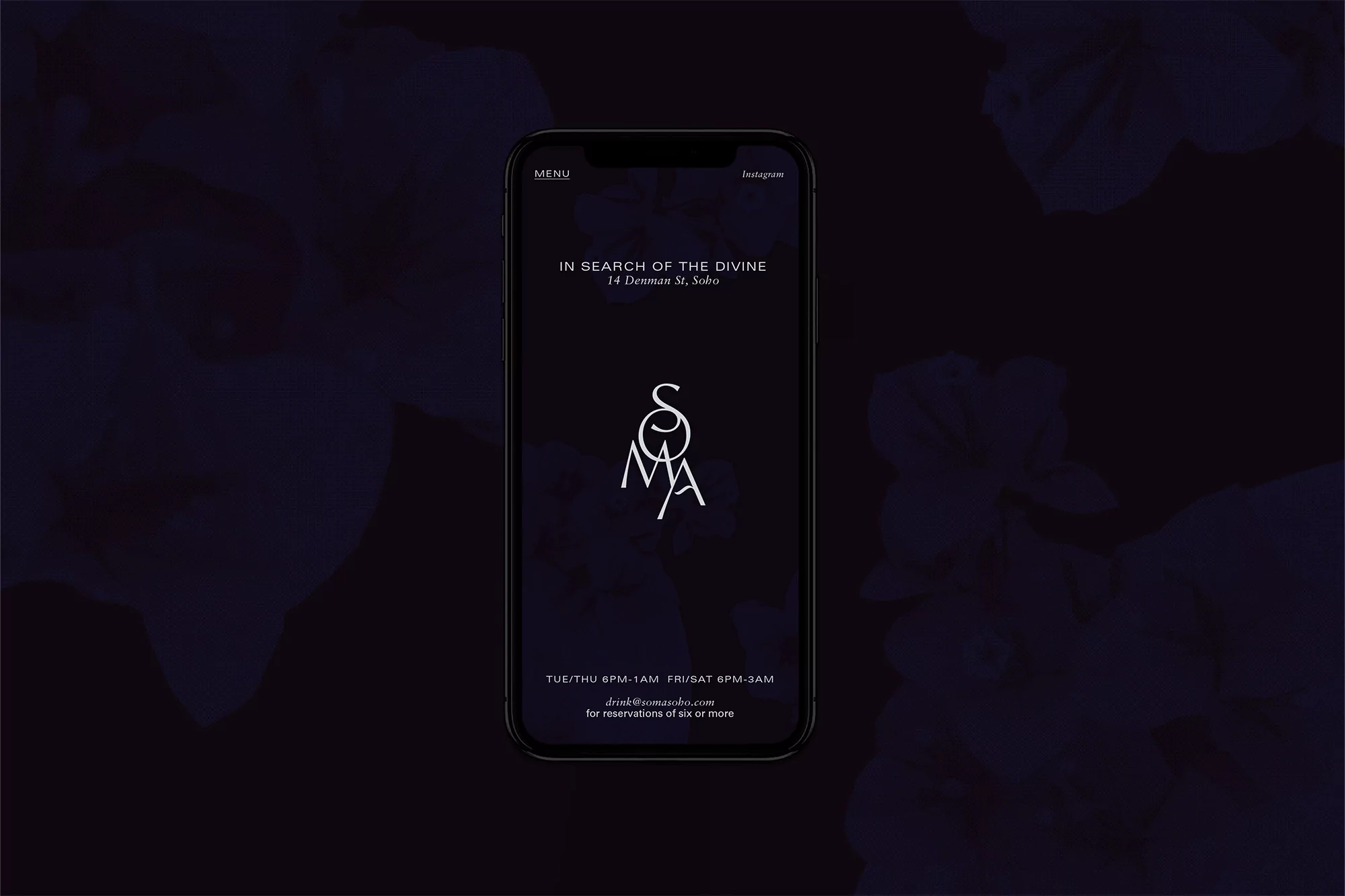Soma Soho restaurant advertisement displayed on a black smartphone with digital menu featuring the logo, address, and operating hours.