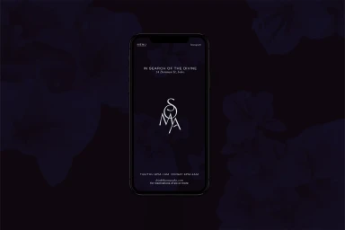 A dark smartphone mockup displaying the minimalist SOMA brand interface against a dark floral background.