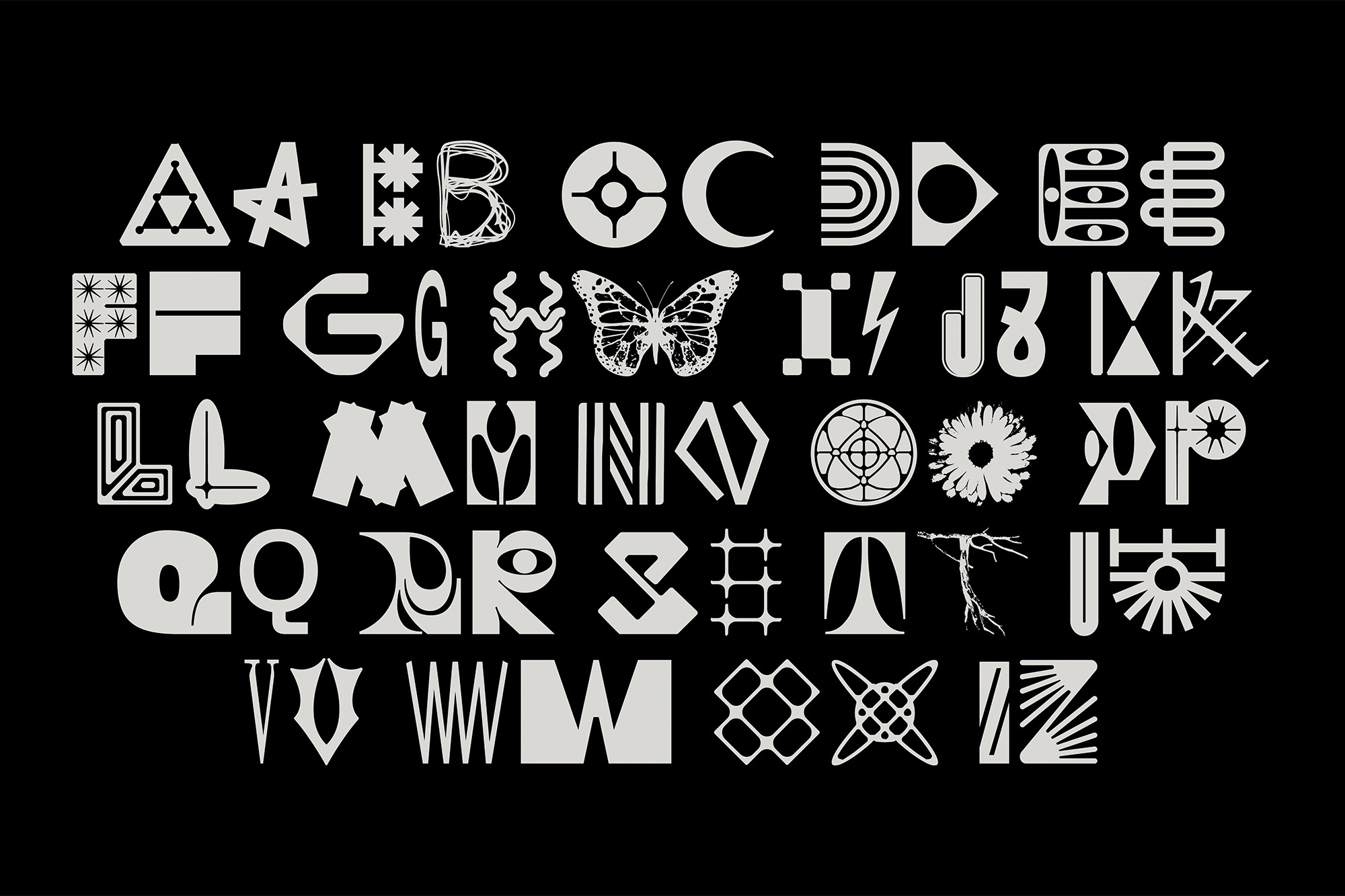 Geometric graphic featuring a stylized uppercase alphabet with unique shapes and designs against a black background, creating a modern art piece.