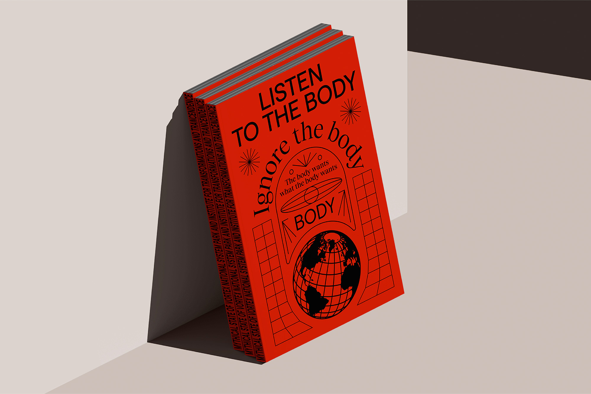 Stack of red covered books against beige wall, featuring the text "Listen to the body, ignore the body" and graphic imagery.