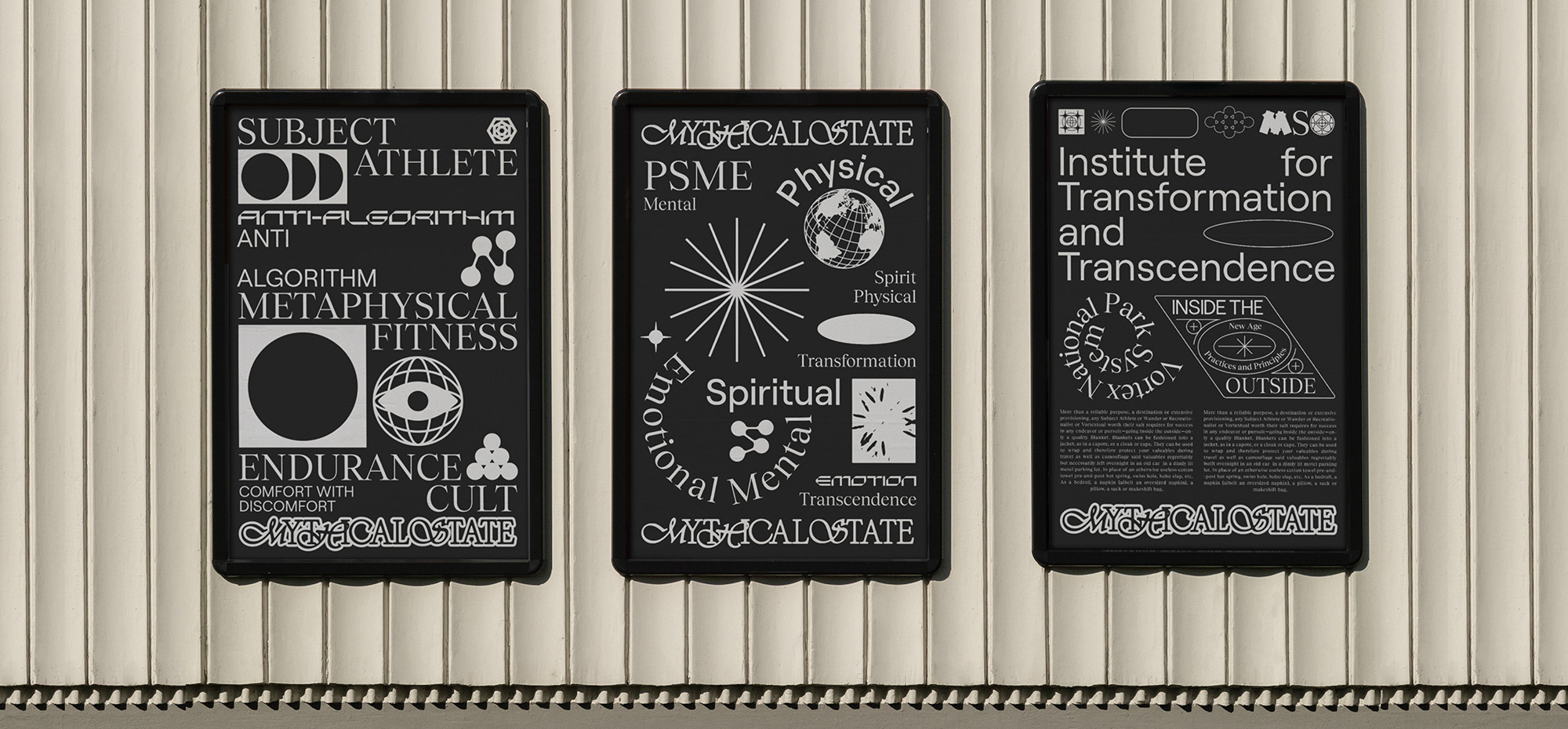 Three black-framed posters with white text on a white wall. The posters have various designs and words, creating a visually intriguing display.