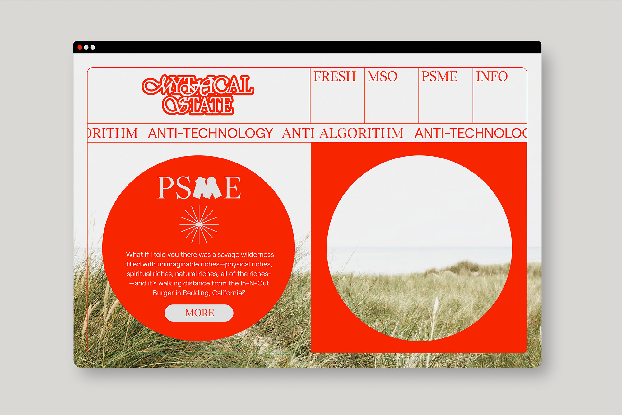 Website interface featuring text 'Mythical Estate' in orange, grass, and an ocean view in a circular shape.