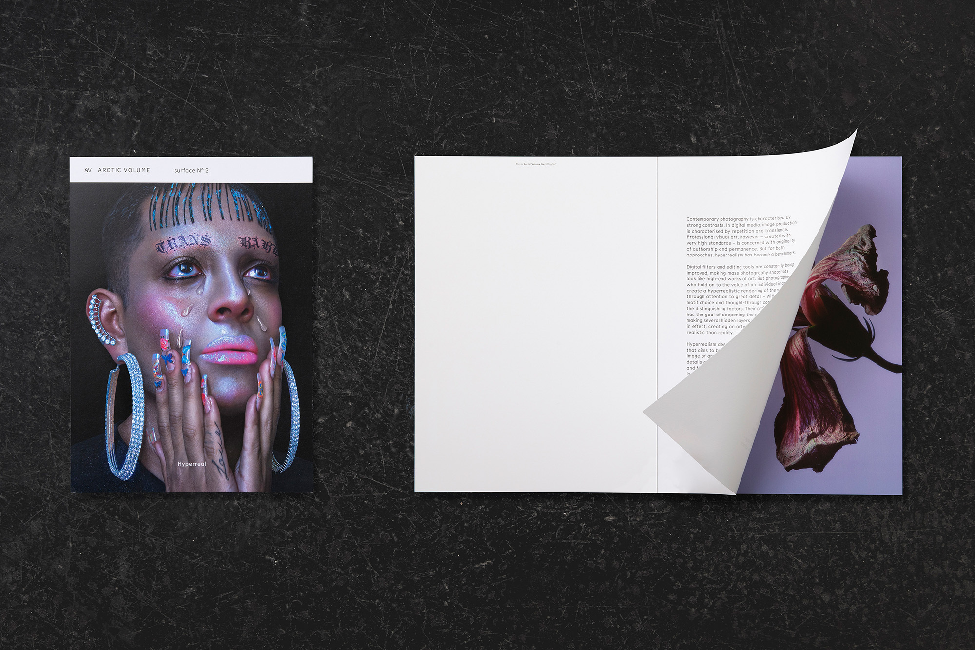 Arctic Volume magazine cover featuring a woman with striking makeup and jewelry, and an open magazine displaying floral photography.