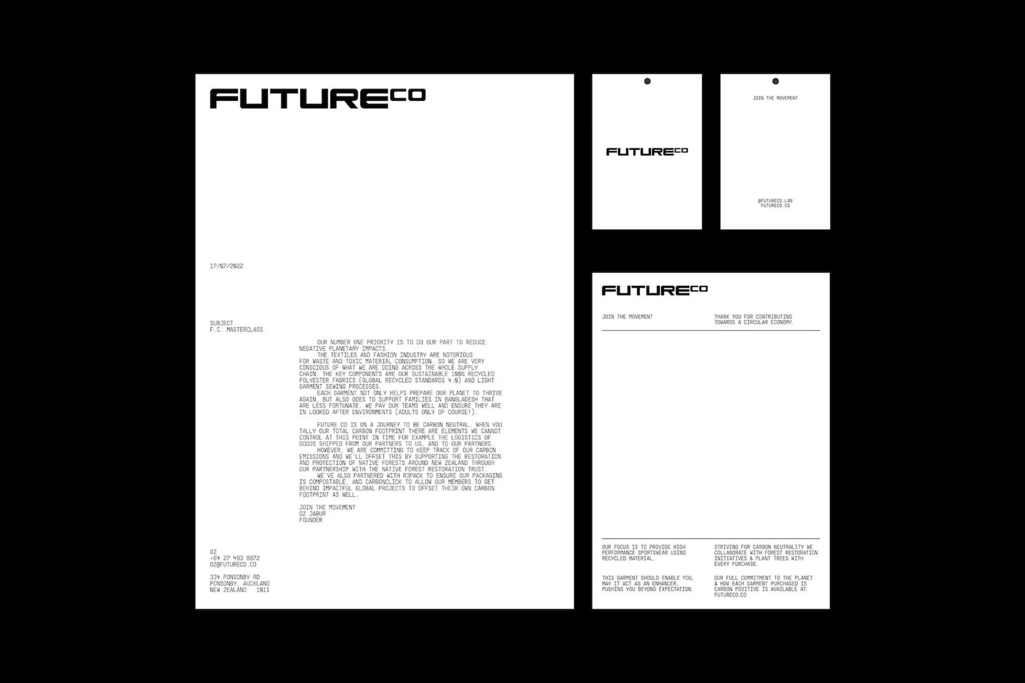 Promotional materials featuring the Future Co logo, including letterhead, tags, and a card, all displayed on a black background.
