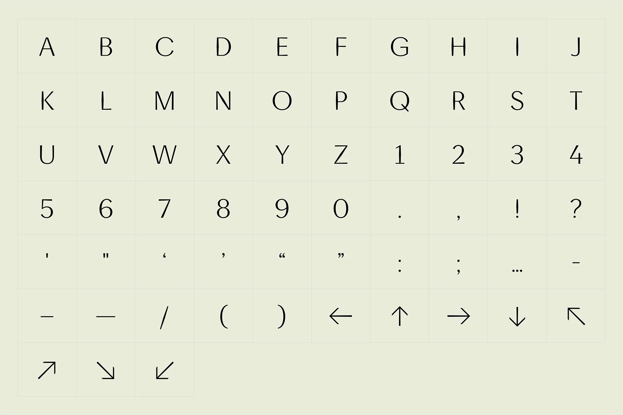 Image of a grid containing the alphabet, numbers 1–10, punctuation marks, and arrows on a light yellow-beige background.