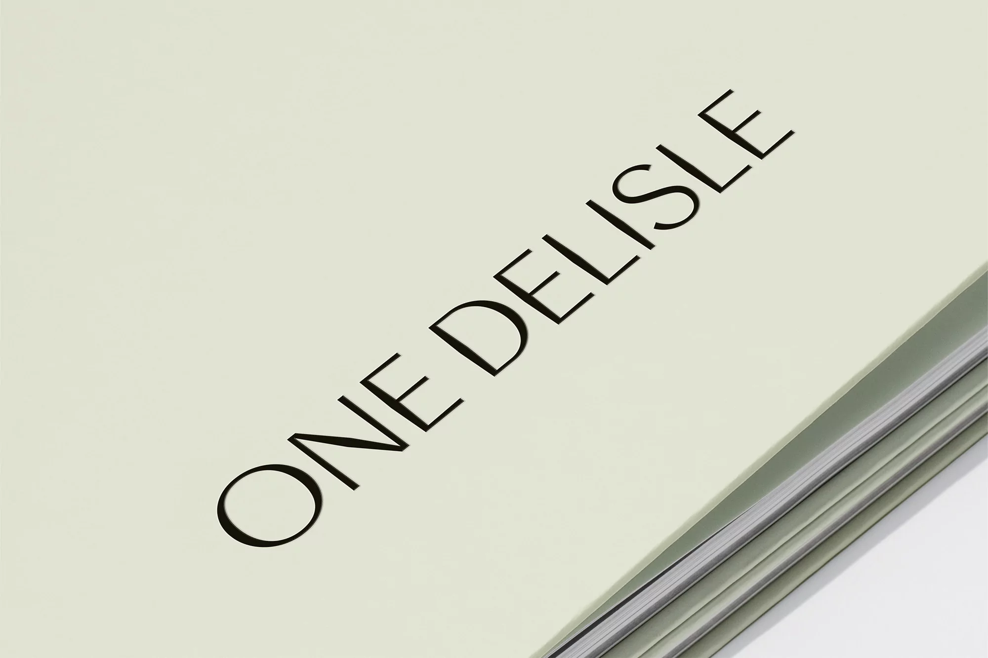 Close-up of an open book with the title 'ONE DELISLE' printed in black ink on white paper, displaying a minimalist and clean design.