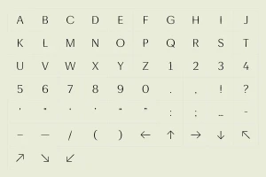 A typographic grid showcasing minimalist thin-stroke uppercase letters, numbers, punctuation marks, and directional arrows.