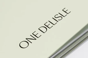 Close-up of a brochure cover featuring the black uppercase typography reading One Delisle on a pale green surface.