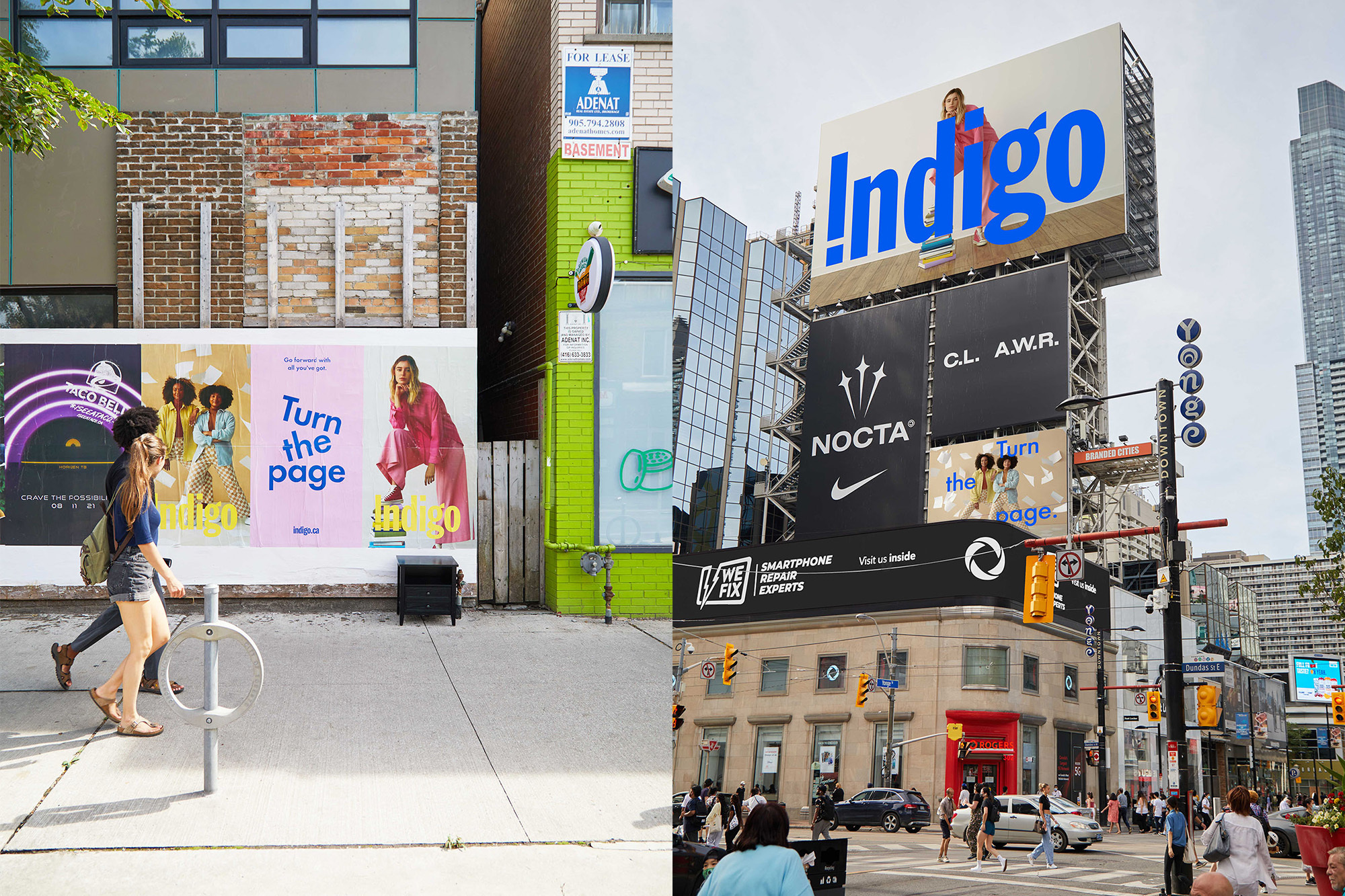 Two women walk past Indigo billboard posters on a city street, with large advertisements also for NOCTA, Nike, and smartphone repair.