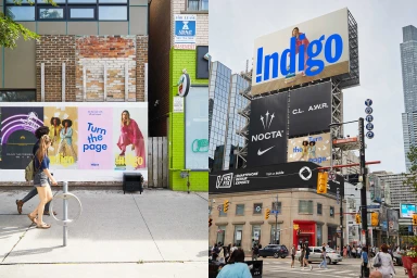 Split view showing a street-level billboard poster and a large rooftop billboard for Indigo in an urban setting.