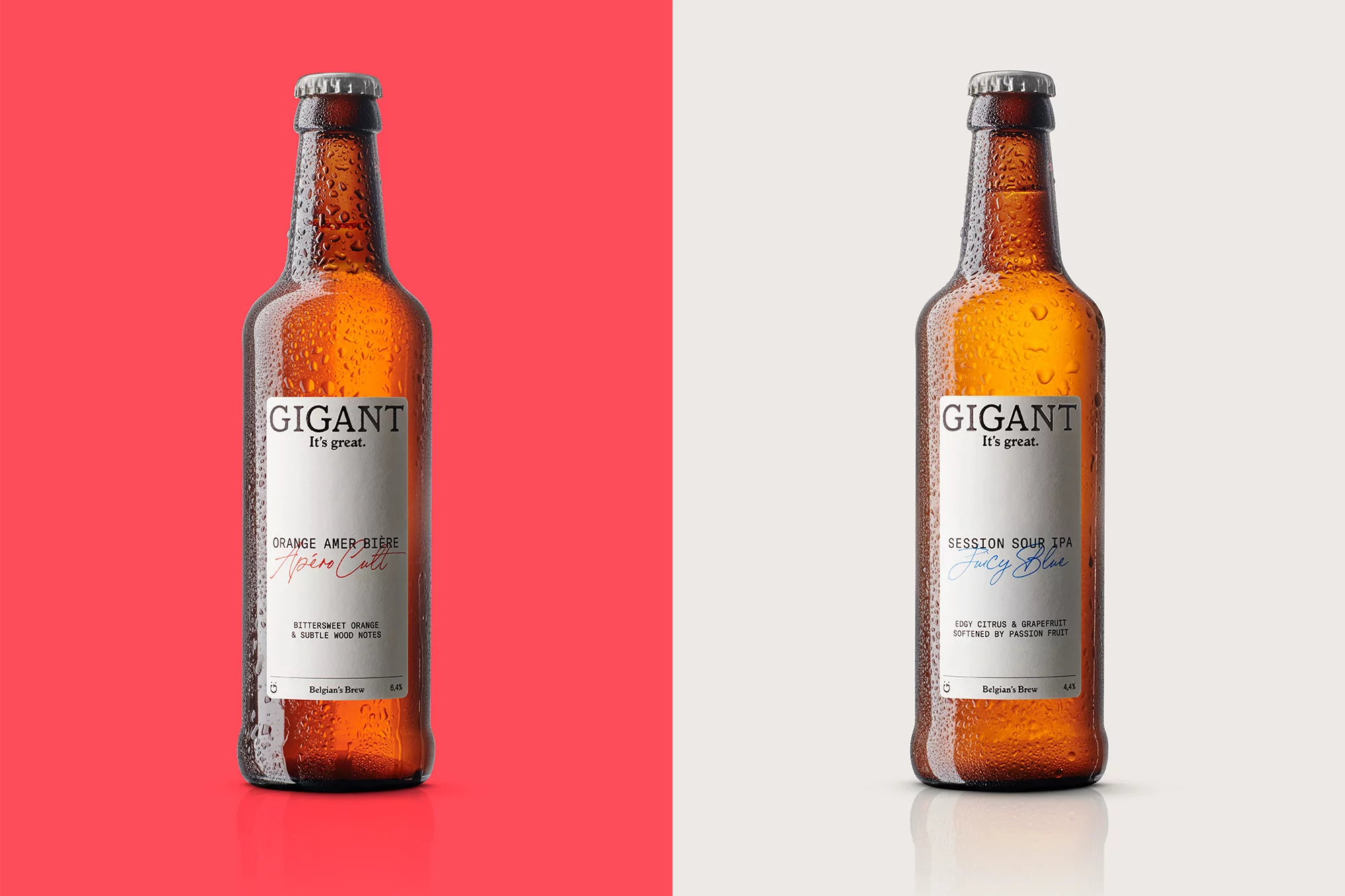 Two amber glass beer bottles are positioned side-by-side, featuring branding and condensation, set against a split red and white backdrop.