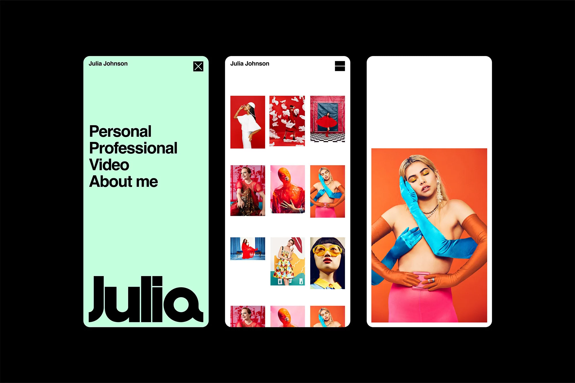 Mockups of Julia Johnson's website with a personal professional video and images of the model against vibrant color backdrops.