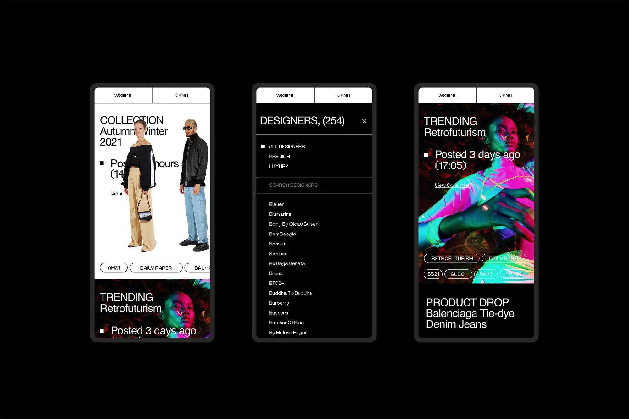 Three smartphone screens display fashion collections and designer listings against a black background. The images showcase fashion products.