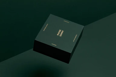 Dark green square packaging box with gold embossed Maybe Sammy branding on a matching dark green surface