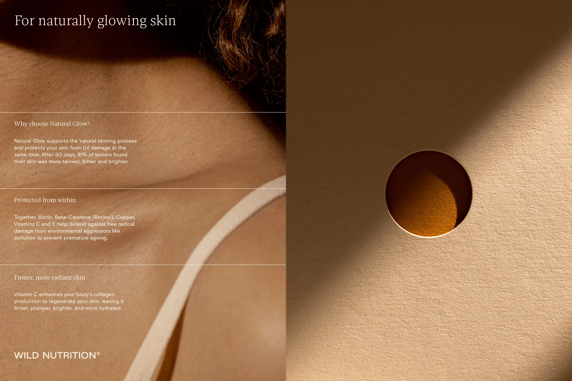 Close-up of a woman's neck and shoulder with warm lighting and skin details, next to product information against a beige background.