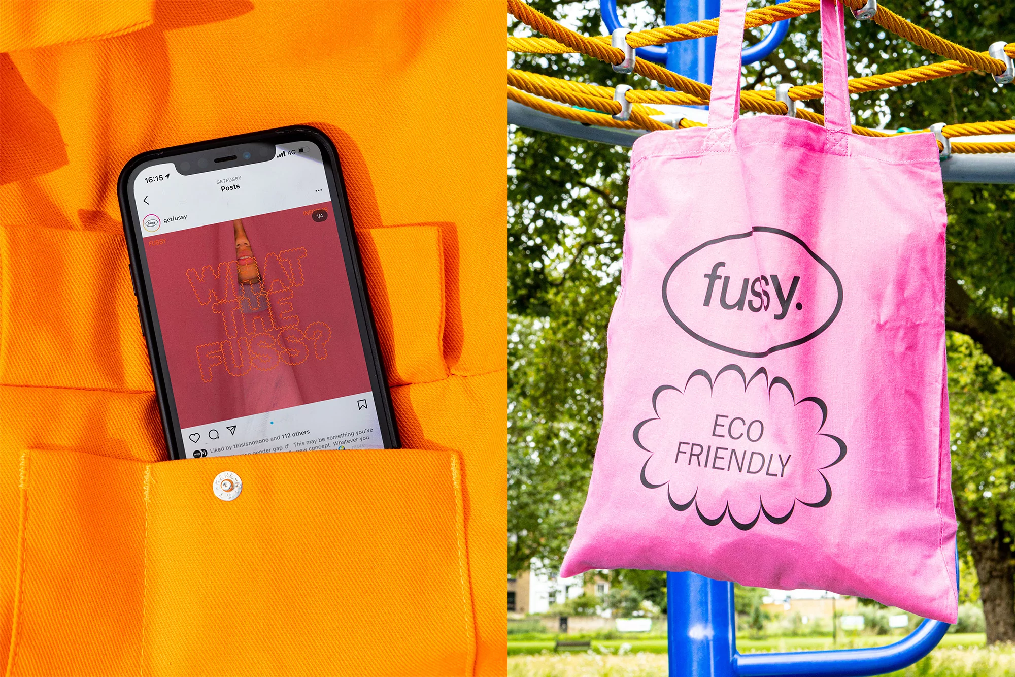 Close-up of an orange shirt pocket holding a smartphone displaying an Instagram post next to a pink tote bag on playground equipment.