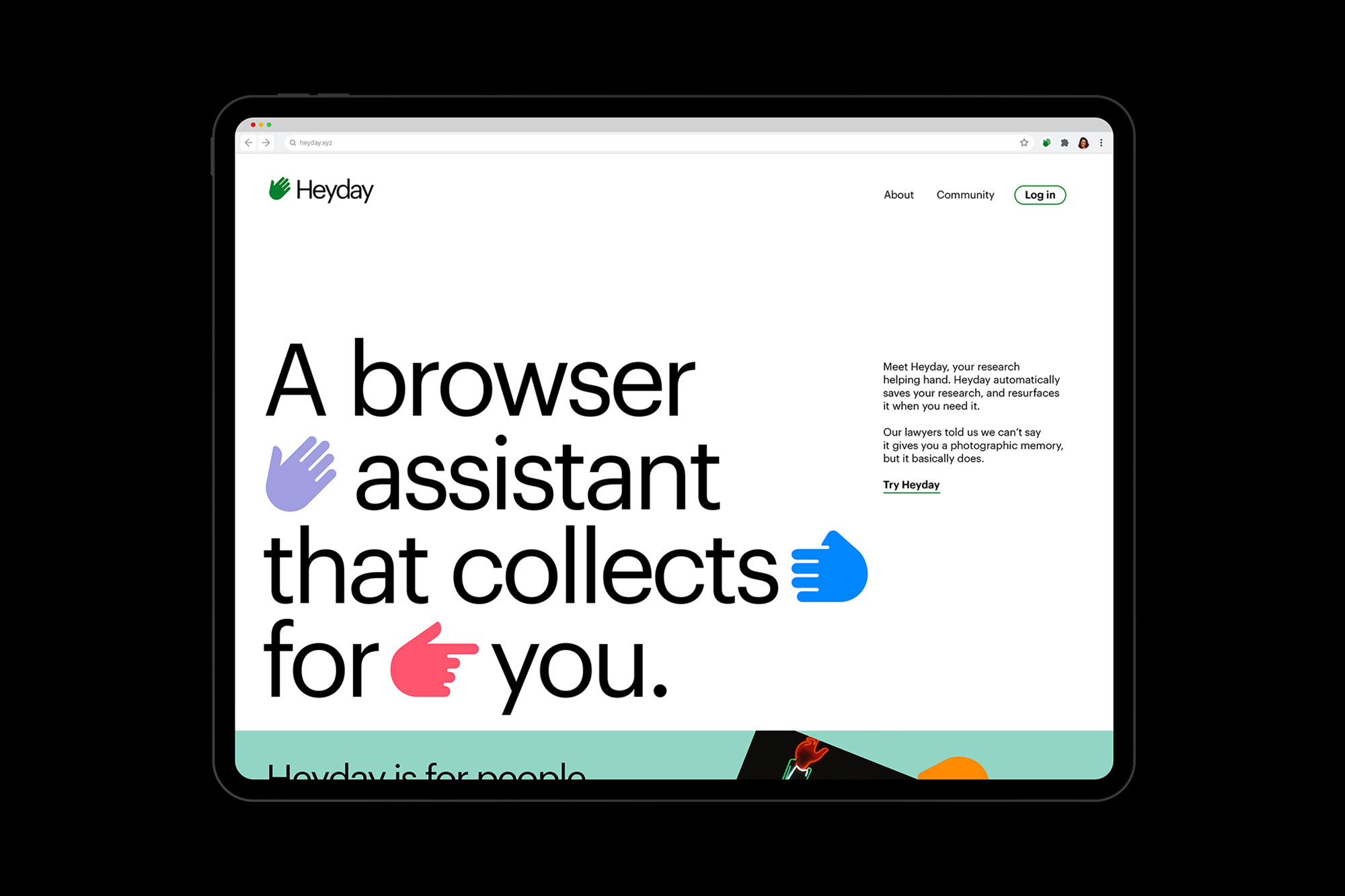 A browser assistant named Heyday on a tablet screen, featuring a landing page with stylized hand icons and text against a white background.