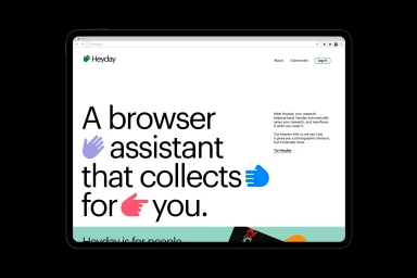 Heyday brand identity website mockup displayed on a tablet screen with bold typography and colorful hand icons.
