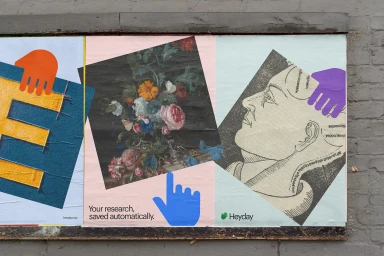 Posters pasted on a brick wall featuring graphic design elements, floral artwork, and classical profile illustrations for Heyday brand identity.