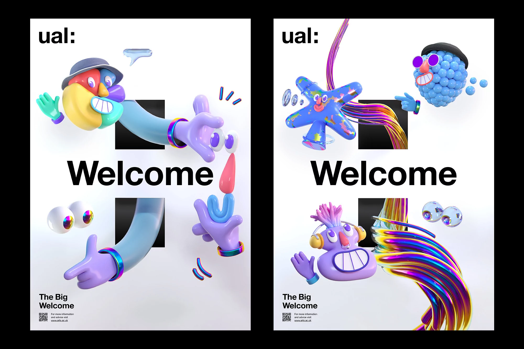 Two posters featuring colorful 3D cartoon characters and hands emerging from square openings on a white background with bold 'Welcome' text.