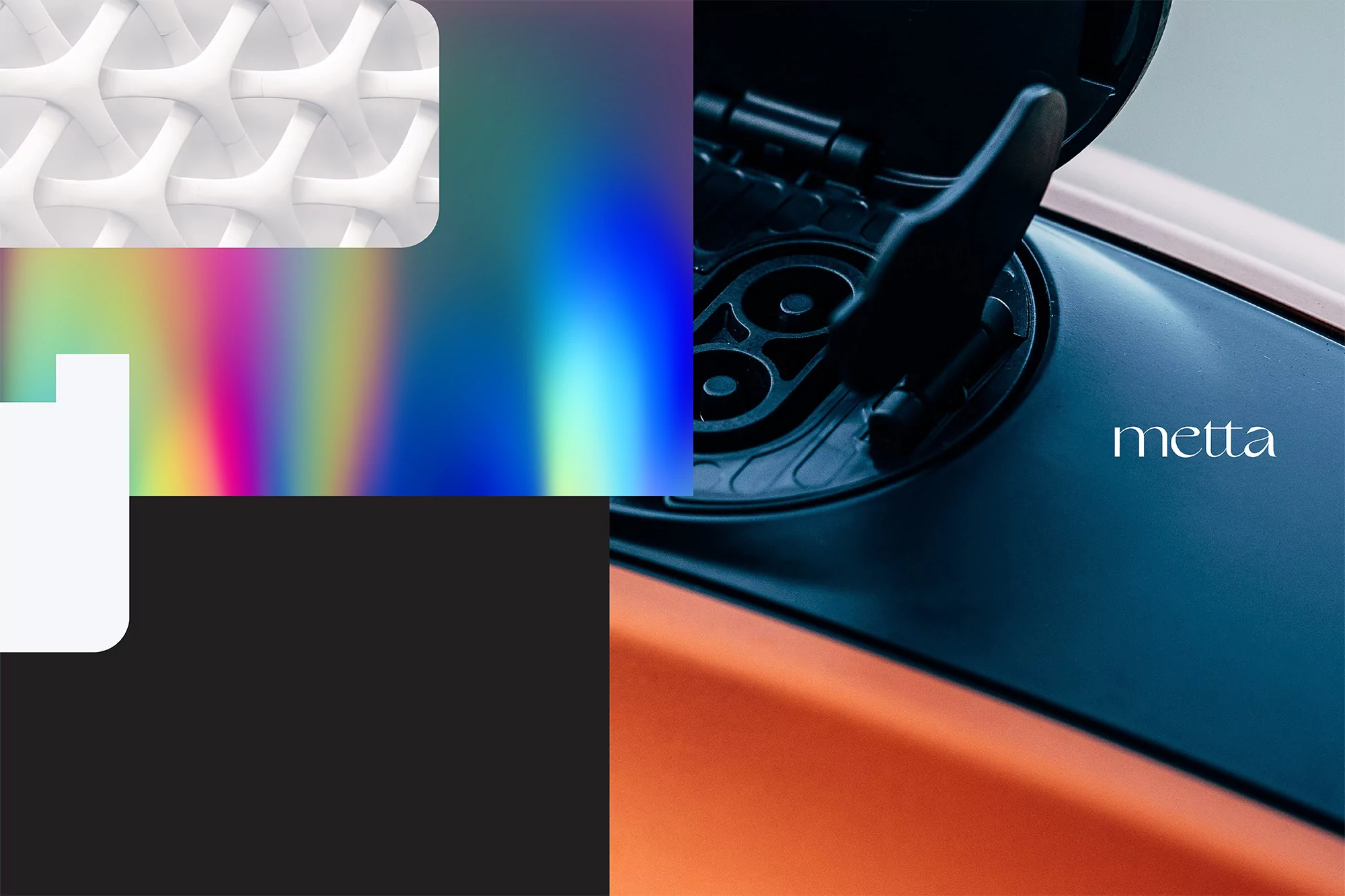 Close-up of electric car charging port with geometric and color gradient background, highlighting automotive technology and design.