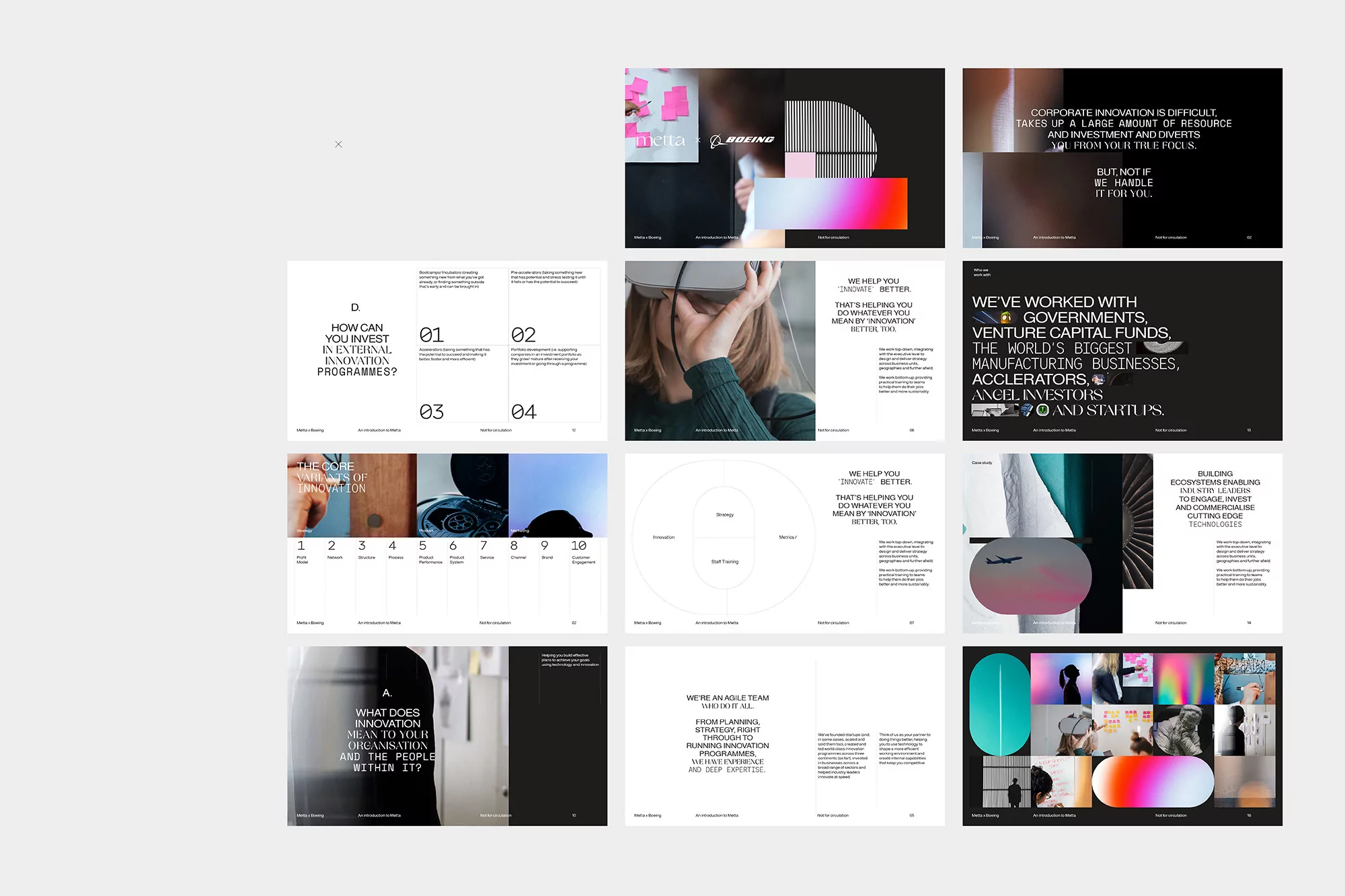 Presentation slides display infographics, diagrams, and large typography; visually rich in color gradients and overlaid graphic elements.