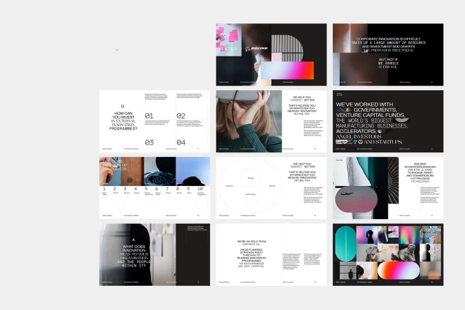 Presentation slides display infographics, diagrams, and large typography; visually rich in color gradients and overlaid graphic elements.
