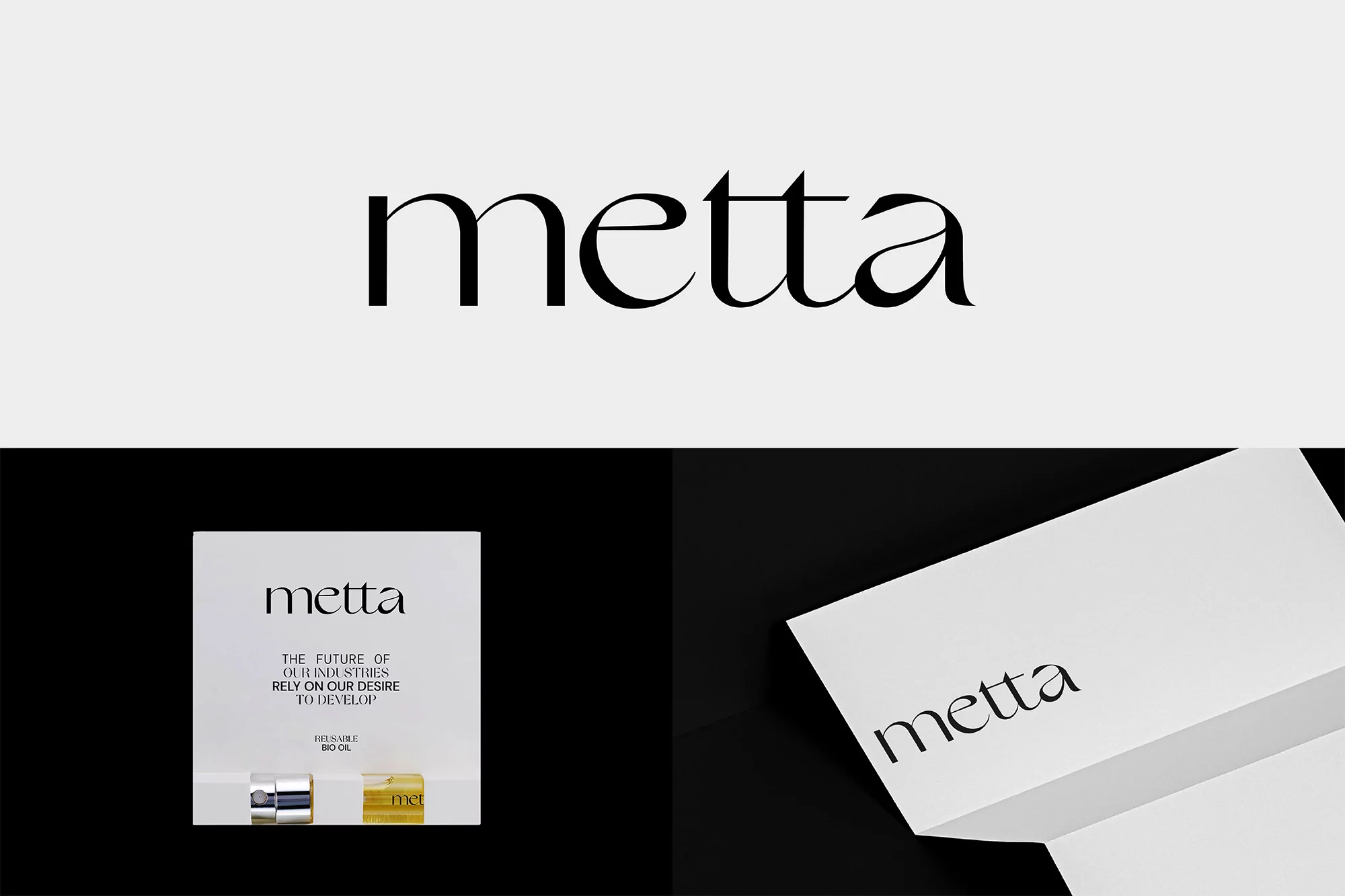 Close-up of Metta brand logo and product packaging on a gray and black background. Minimalist design for brand presentation.