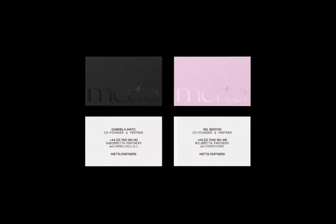 Four business cards in a grid: black, pink, white with Gabriela Matic's contact info, white with Wil Benton's contact info, on black background.