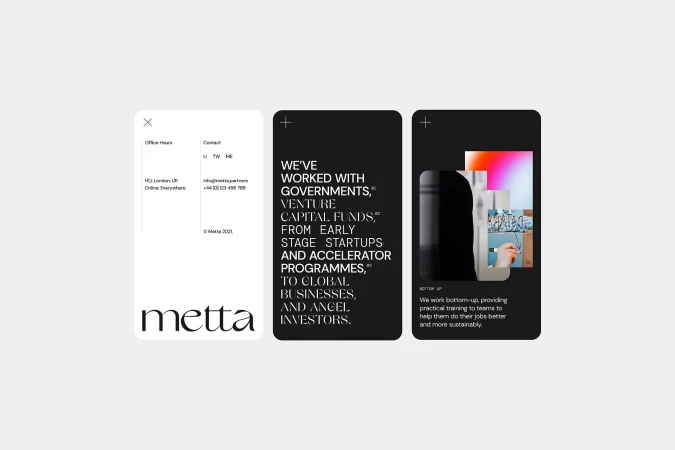 Three mobile app screens featuring brand design, contact information, and business highlights. Metta brand showcased. Minimalist design.
