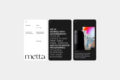 Three mobile screen mockups displaying brand identity design for Metta with typography and imagery against a light grey background.