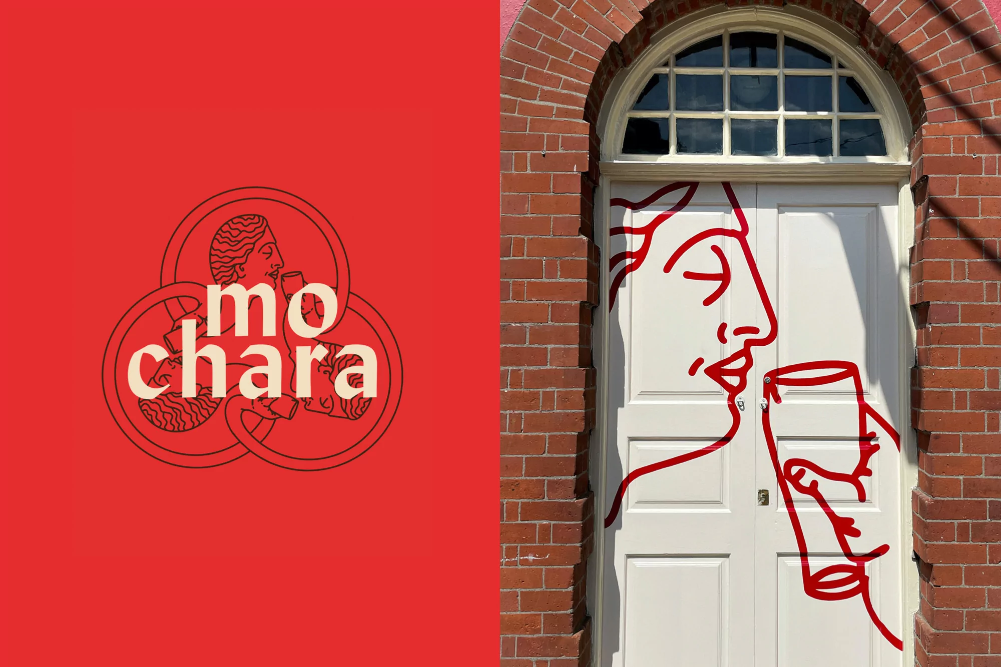 Line art graphic on a door features a person drinking from a glass. A logo for 'mo chara' is on a red background.